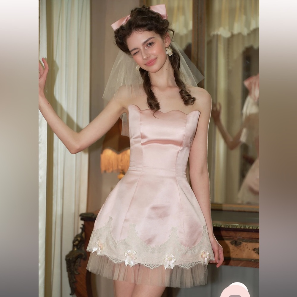 Romantic Blush Pink Strapless Satin Mini Dress